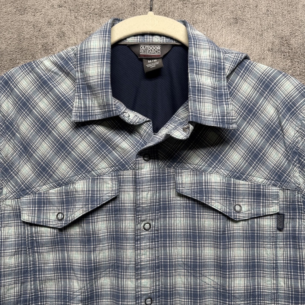 Outdoor Research Pagosa Shirt M‎ Blue Plaid Western Snap Button Short Sleeve